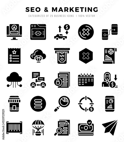 Set of 25 SEO & Marketing Glyph Icons Pack.