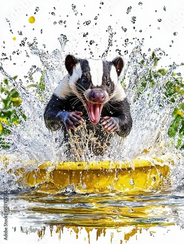 Action-Packed Badger Splashing in Water, Nature Scene, Outdoor Adventure, Fun Environment, Dynamic Viewpoint, Wildlife Concept