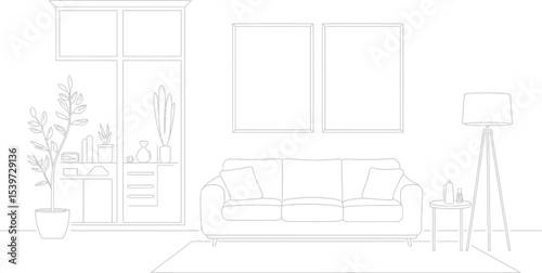 Line drawing of a living room interior with sofa, plant, lamp and two framed pictures on the wall