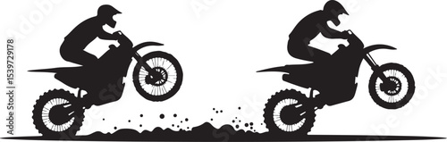 2 Young man on sports motor bike performs tricks silhouette