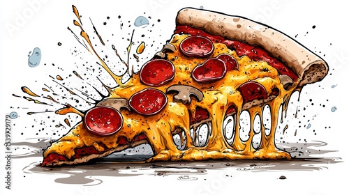Delicious Pepperoni Pizza Slice, Tasty Food Art, Fun Kitchen, Illustration, Colorful Setting, Creative Concept