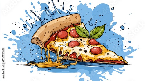 Delicious Pepperoni Pizza Slice, Colorful Illustration, Vibrant Food Art in a Playful Style