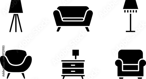 Illustration of furniture including lamps armchairs and a nightstand in black and white style