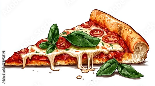 Delicious Pizza Slice with Fresh Ingredients, Gourmet Restaurant, Food Illustration, Vibrant Colors, Close-Up View, Culinary Delight