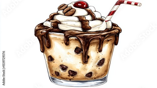 Chocolate Chip Sundae with Whipped Cream, Cafe, Illustration, Sweet Treat, Vibrant Colors, Close-up View