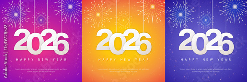 2026 Happy New Year celebration colourful template set with fireworks background