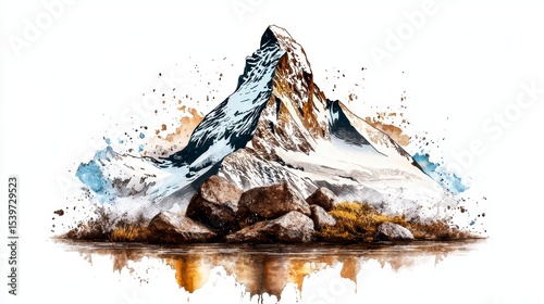 Majestic Mountain Landscape, Nature Scene, Snow-Capped Peak, Illustrative Art, Serene Environment, Vibrant Viewpoint