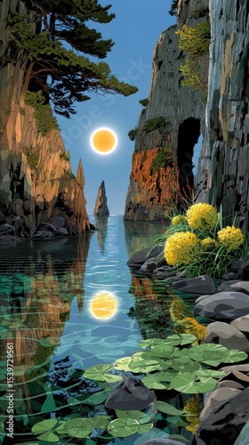 Tranquil Moonlit Landscape, Serene Waterway, Nature Scene, Evening Reflection, Coastal Rocks, Scenic View