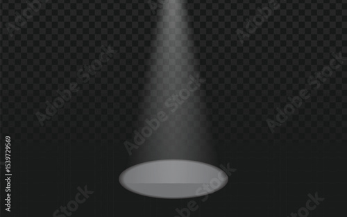 A focused, bright white spotlight beam illuminating a circular area, creating a dramatic and highlighting effect against a dark, transparent background.