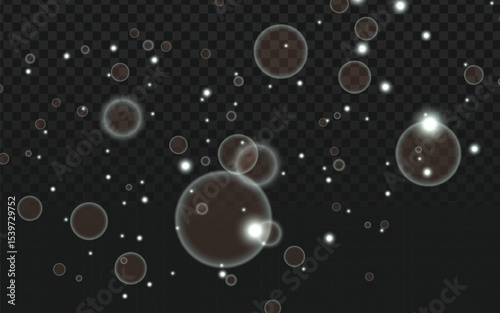 A dynamic arrangement of glowing, transparent bubbles and small light particles, creating an ethereal and celebratory floating effect against a dark, dramatic backdrop.

