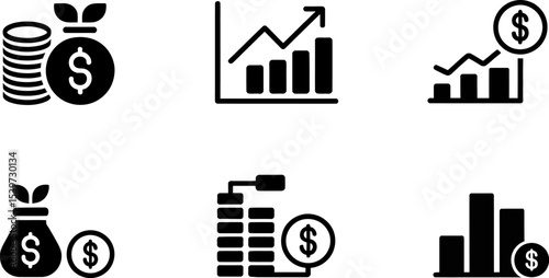 Illustration of six black and white money and graph icons on a white background in a vector format