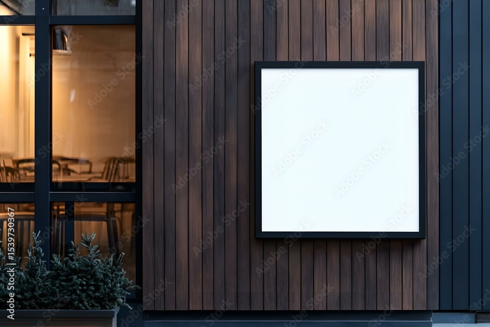 A Blank Black Mockup Sign on a Wooden Wall Outside: Rustic Outdoor Display for Bold Branding and Commercial Messaging