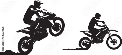 2 Young man on sports motor bike performs tricks silhouette