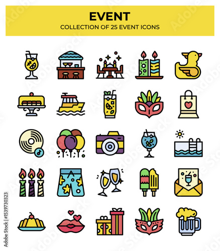 Collection of 25 Event Icons. Vibrant and Festive