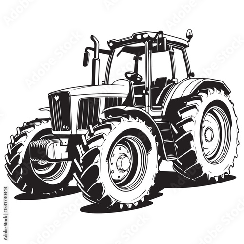 Powerful farm tractor black and white illustration