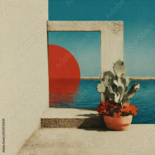 Mediterranean Sunset Cactus and Coastal View Artistic Composition