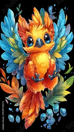 Adorable Fantasy Bird Colorful Wings, Bright Eyes, Digital Art