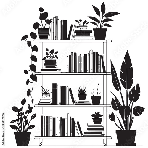 Three tier bookshelf with plants black silhouette