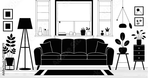 A monochrome living room with a sofa, plants, window, and hanging lights in a minimalist design style