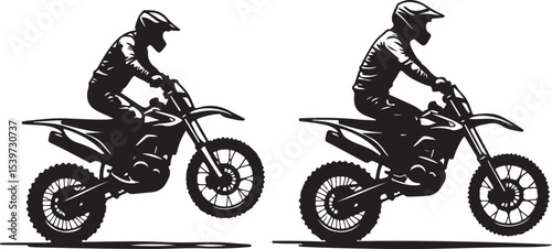 2 Young man on sports motor bike performs tricks silhouette