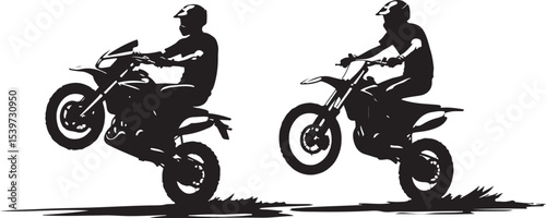 2 Young man on sports motor bike performs tricks silhouette