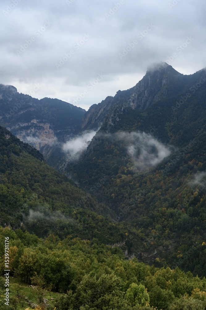 Fototapeta premium Misty view of Añisclo Canyon with lush vegetation
