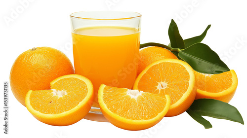 Fresh Orange Juice with Sliced Oranges and Leaves on white and transparent Background