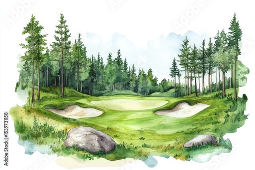 Watercolor golf course scene. Lush green fairways and sand bunkers amidst a dense pine forest.  Soft, diffused light casts gentle shadows
