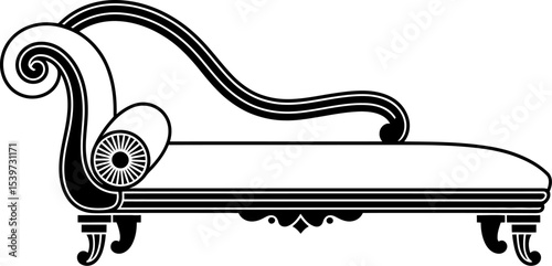 Illustration of a black and white chaise lounge with decorative elements on a white background