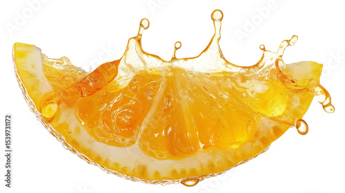 Juicy Orange Slice Splashing Refreshing Citrus Fruit Drink on white and transparent Background