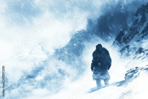 A lone figure braves a blizzard in a desolate, snow-covered mountain range.