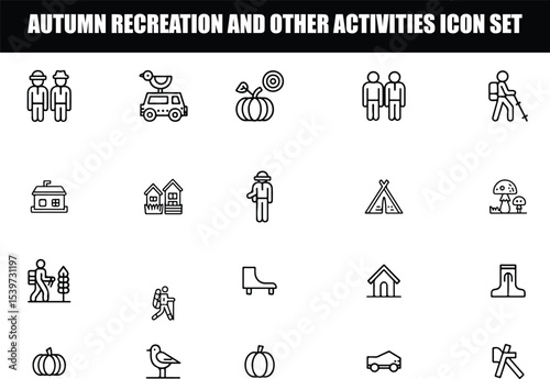 Autumn Outdoor Activities Line Icon Set – Hiking, Camping, Fishing, Birdwatching, Mushroom Picking & More | Editable Stroke Fall Recreation Vector Collection