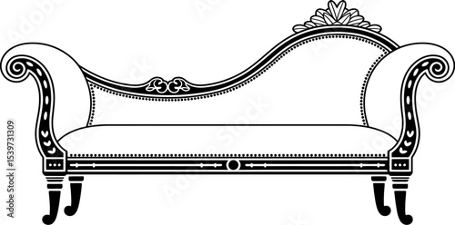 Illustration of an ornate chaise lounge with curved arms and decorative details in black and white