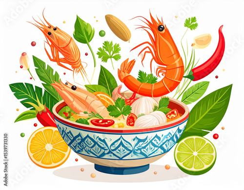 AI generated vibrant tom yum goong Thai soup ingredients and spices falling into traditional Thai patterned bowl aromatic herbs spicy sour soup Asian cuisine cooking fresh healthy authentic