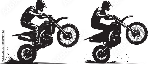 2 Young man on sports motor bike performs tricks silhouette