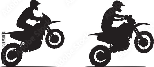 2 Young man on sports motor bike performs tricks silhouette