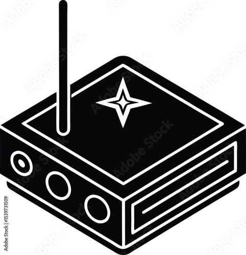 Isometric black and white representation of Silhouette a wireless internet router or modem
