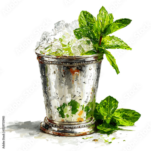 Mint Julep cocktail in metal cup with crushed ice and mint sprig garnish vector isolated on a white background