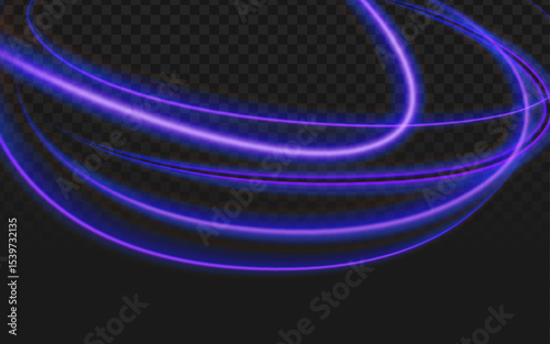 Dynamic purple and blue glowing light trails swirling across a dark, transparent background, creating an abstract and futuristic motion effect with luminous energy.