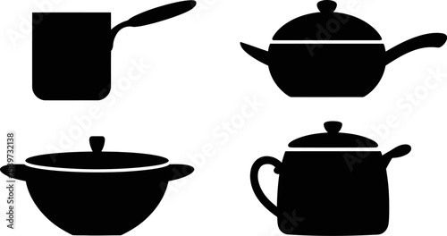 Four black and white kitchenware icons including pots and kettles on a white background display image