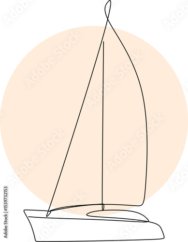 Continuous line drawing of a sailboat against a huge sun
