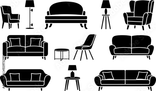 Illustration of various black and white furniture including sofas chairs and lamps on white background