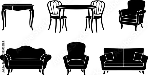 Illustration of various furniture pieces including sofas chairs and tables in black silhouette