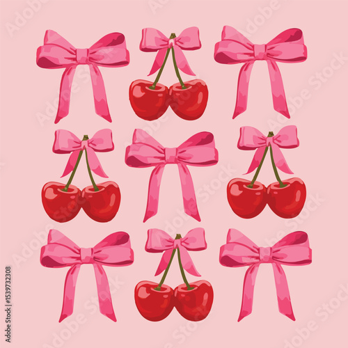 Set of coquette pretty charming bows with cherry berries. Elegant bow knot, gift bow. Collection with festive decorative elements. Vintage hand drawn clipart
