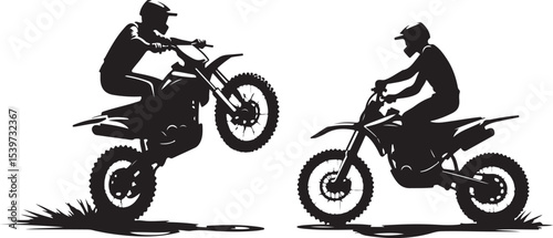 2 Young man on sports motor bike performs tricks silhouette