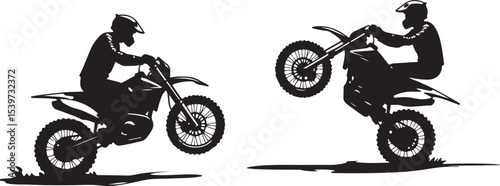 2 Young man on sports motor bike performs tricks silhouette