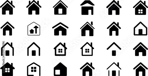 A collection of twenty four black and white house icons arranged in a rectangular grid pattern