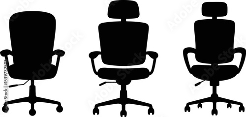 Three black office chair silhouettes with headrests in a row on a white background studio shot