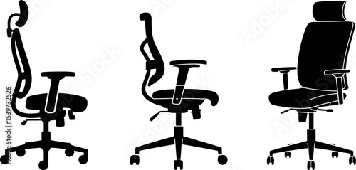Three black office chairs with adjustable features in different views on a white background space