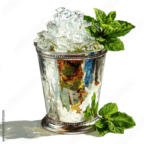Mint Julep cocktail in metal cup with crushed ice and mint sprig garnish vector isolated on a white background